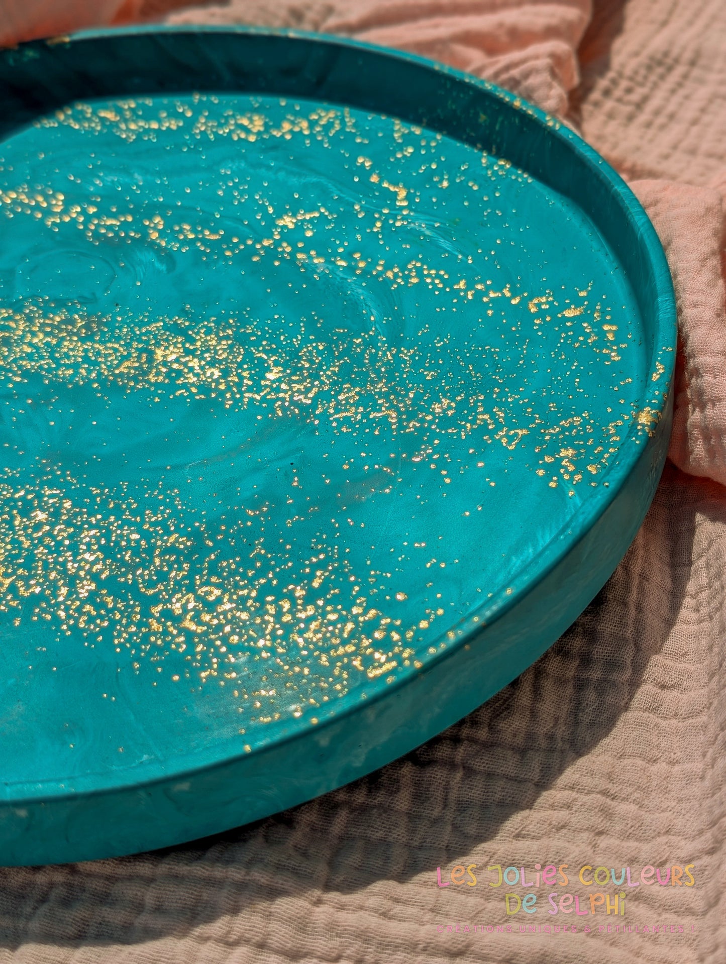 Grand plateau vide-poches en Jesmonite - bleu turquoise marbré et doré