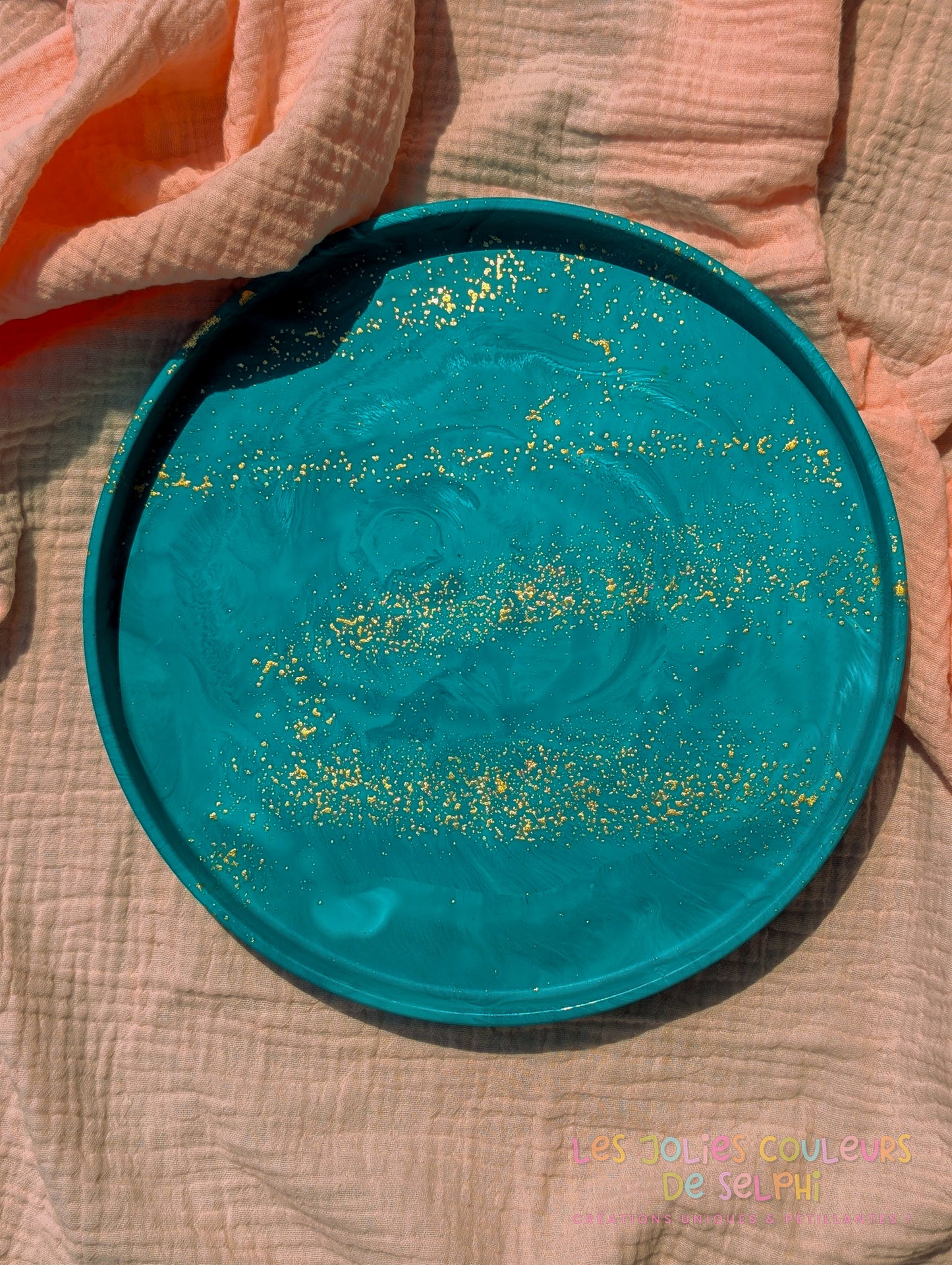 Grand plateau vide-poches en Jesmonite - bleu turquoise marbré et doré