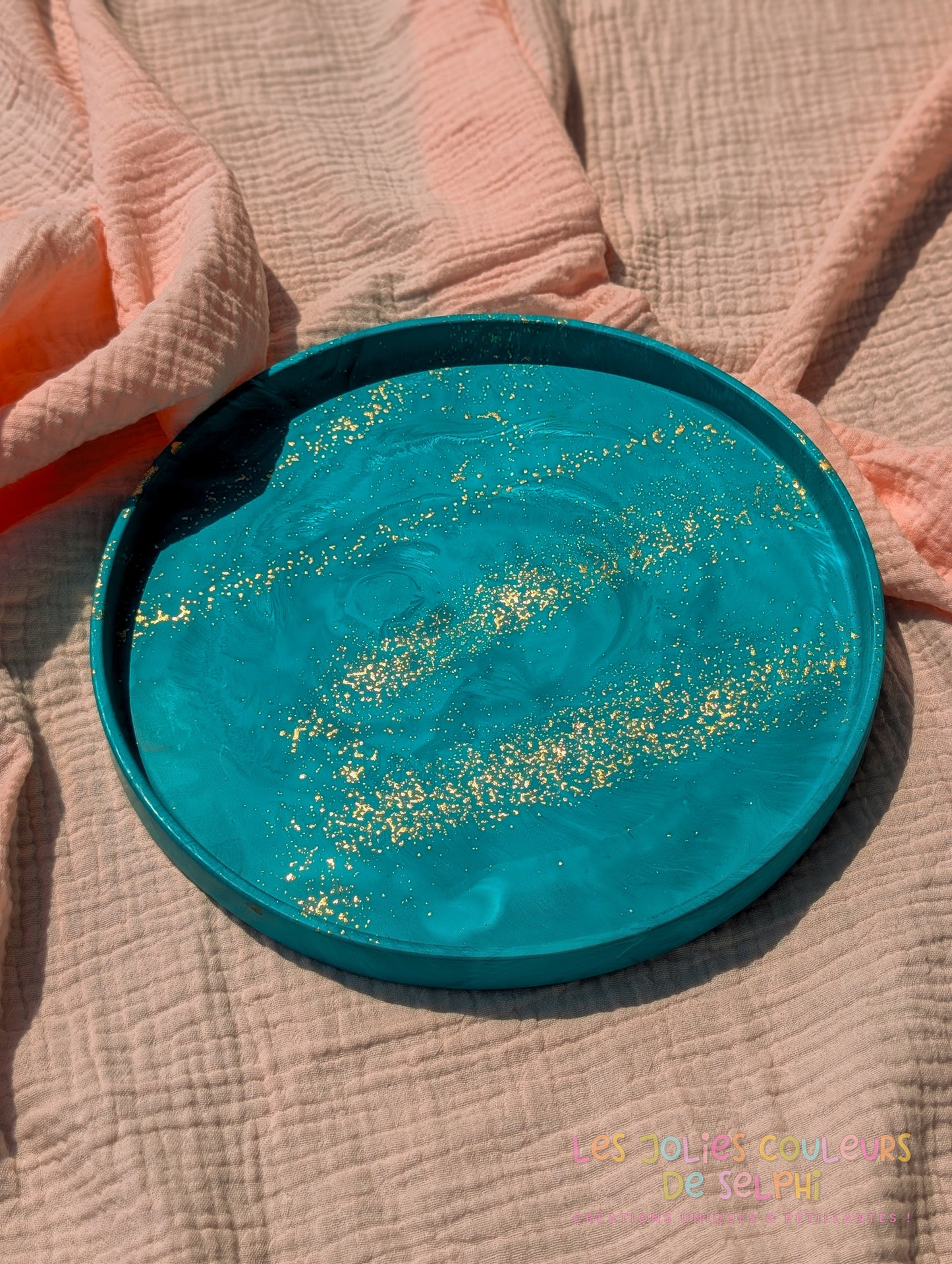 Grand plateau vide-poches en Jesmonite - bleu turquoise marbré et doré
