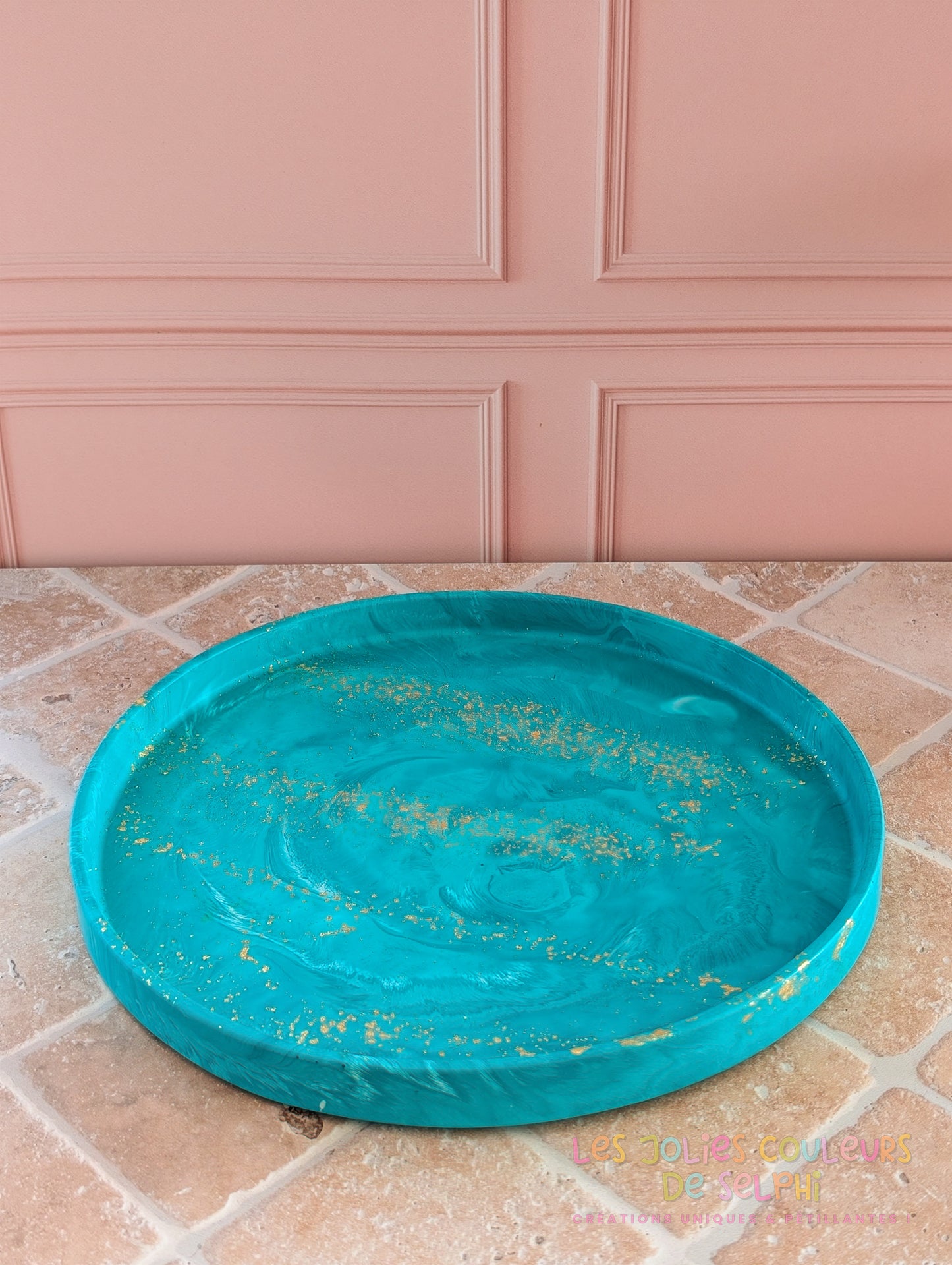 Grand plateau vide-poches en Jesmonite - bleu turquoise marbré et doré