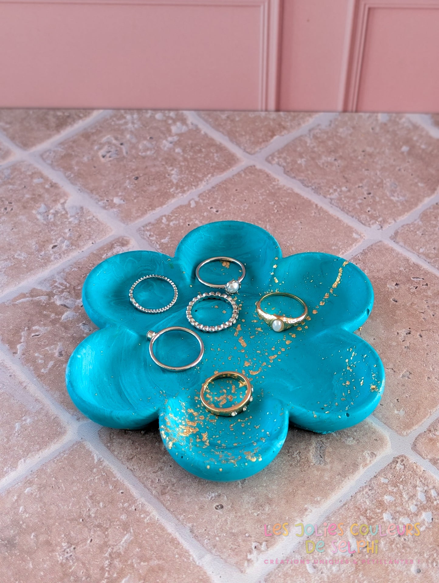 Coupelle fleur en Jesmonite – turquoise marbré et doré