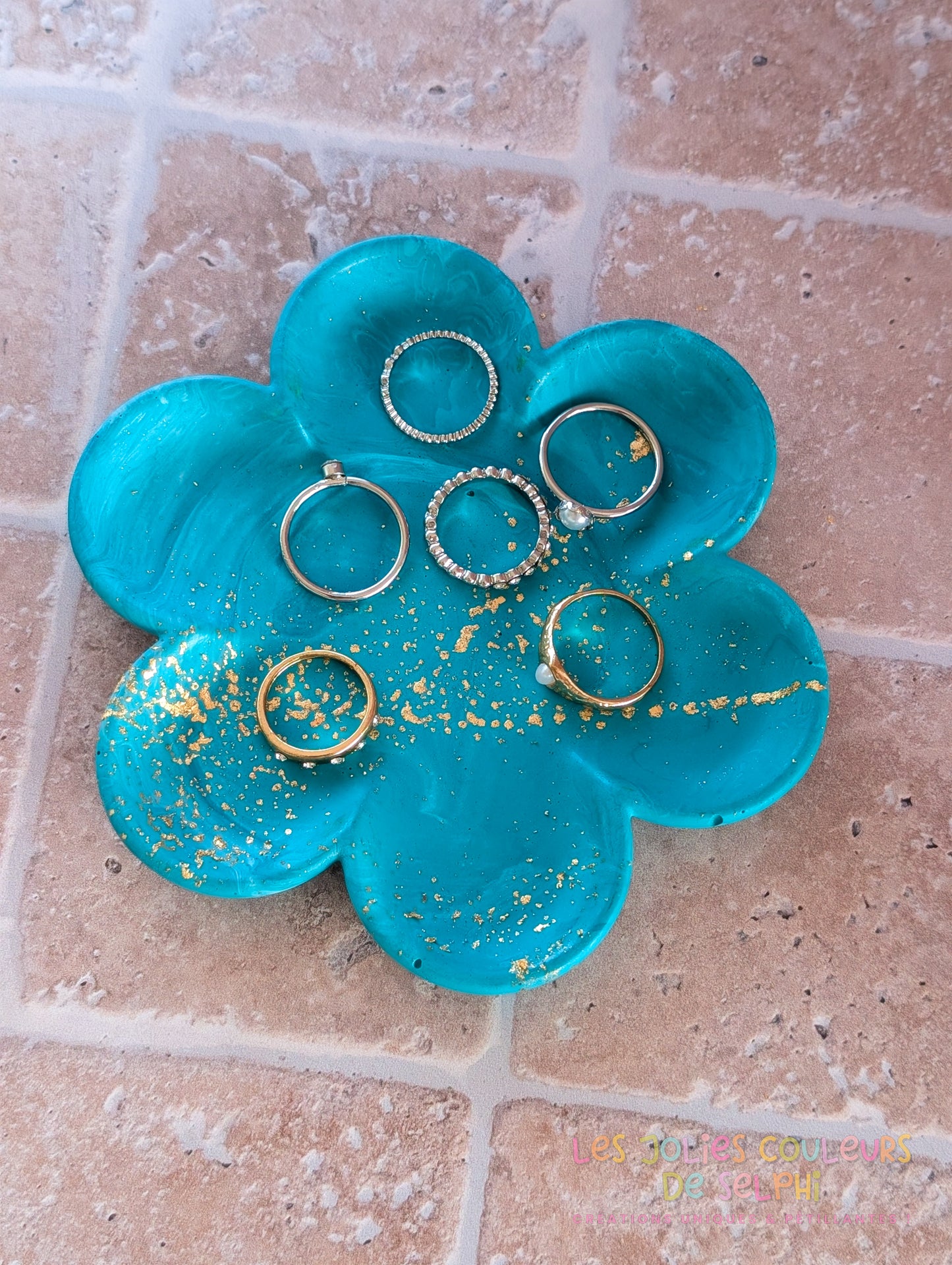 Coupelle fleur en Jesmonite – turquoise marbré et doré