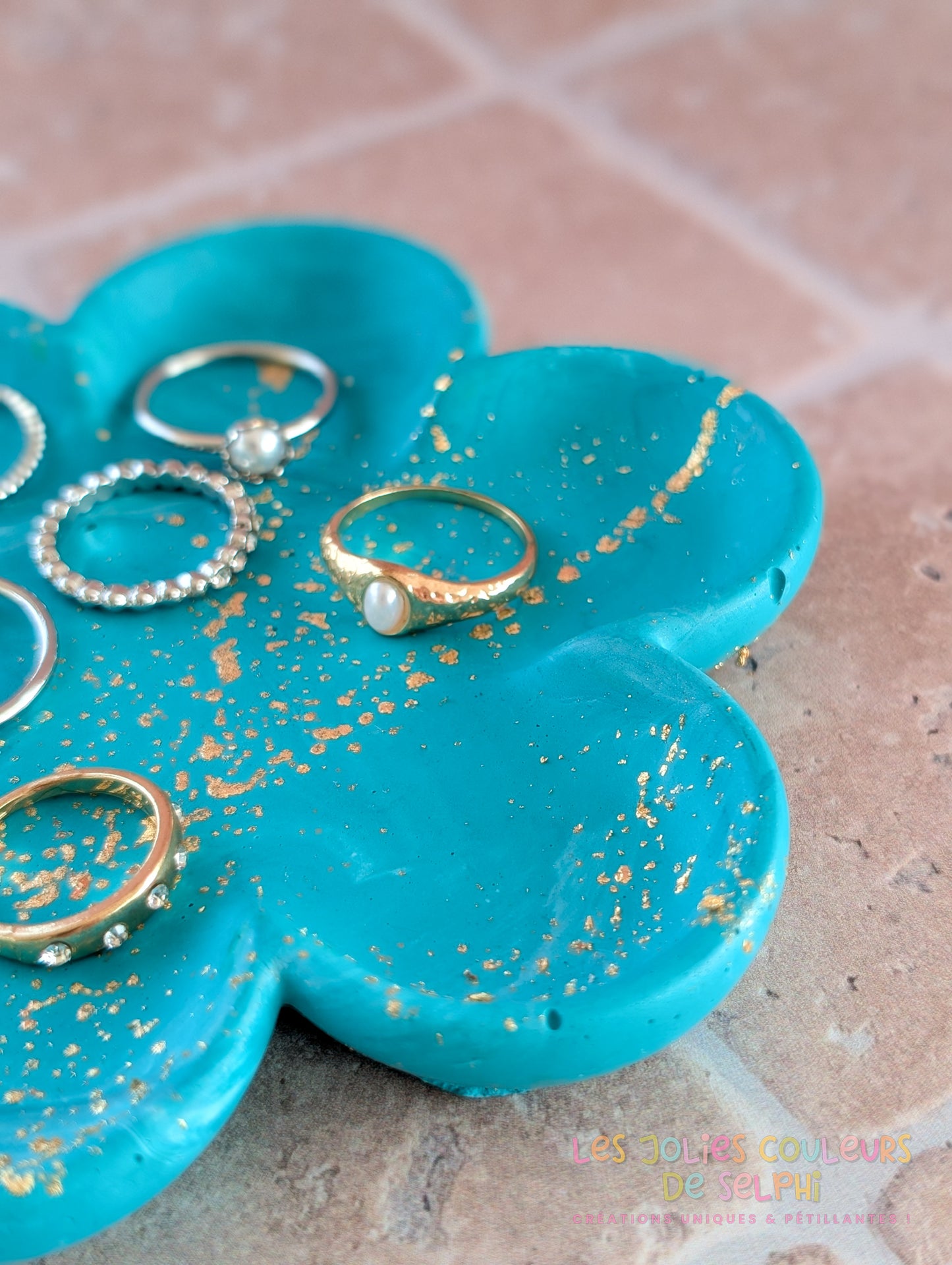 Coupelle fleur en Jesmonite – turquoise marbré et doré