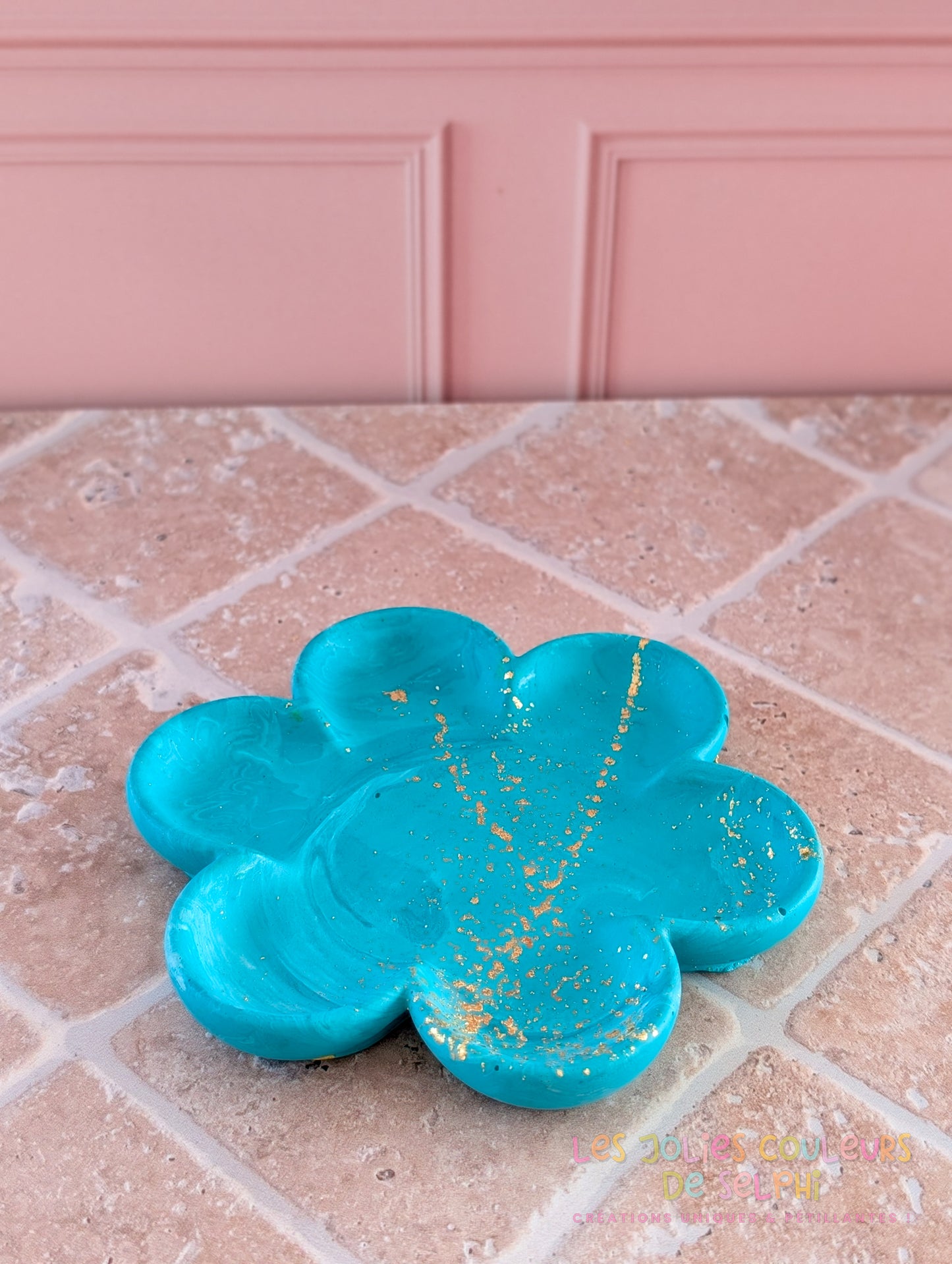 Coupelle fleur en Jesmonite – turquoise marbré et doré
