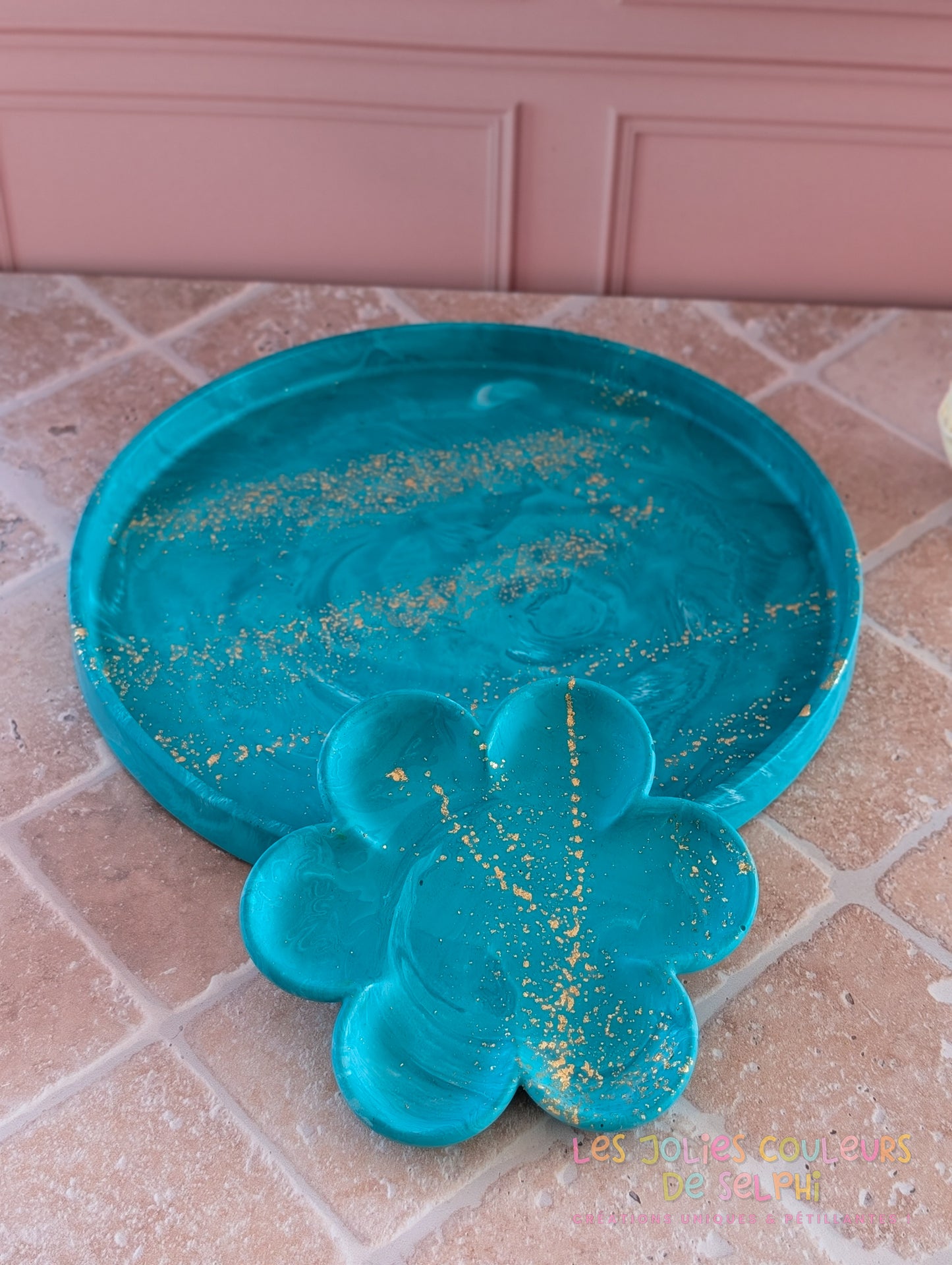 Coupelle fleur en Jesmonite – turquoise marbré et doré