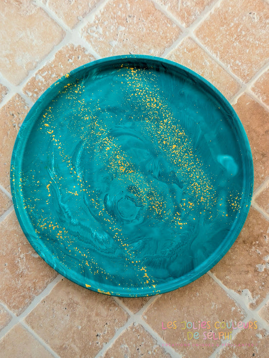 Grand plateau vide-poches en Jesmonite - bleu turquoise marbré et doré