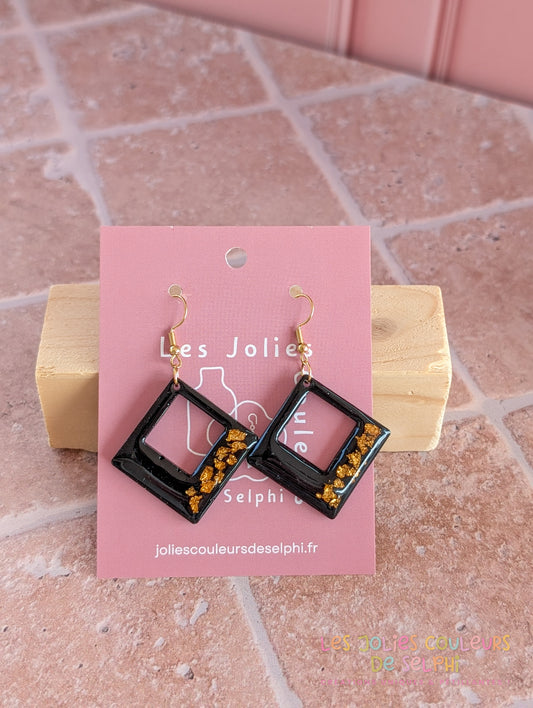 [Multi-Forme dispo] Boucles d’oreilles en Jesmonite et résine – Noir et doré