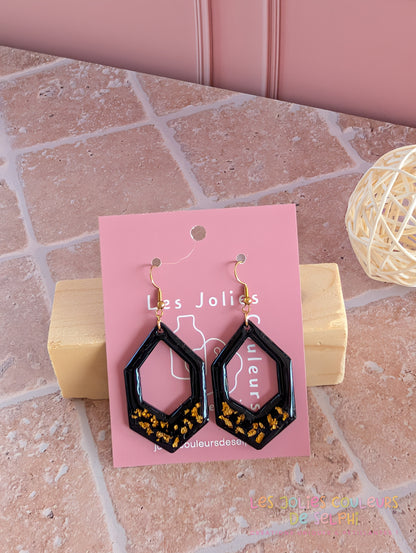 [Multi-Forme dispo] Boucles d’oreilles en Jesmonite et résine – Noir et doré
