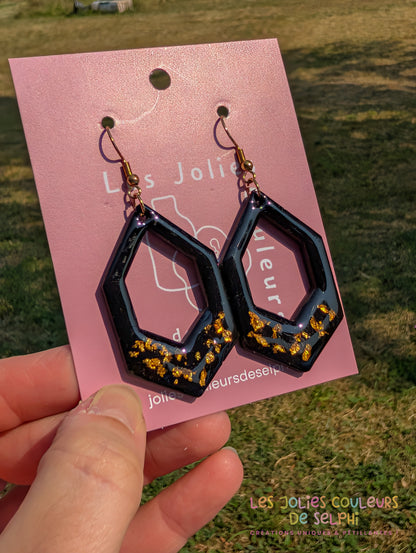 [Multi-Forme dispo] Boucles d’oreilles en Jesmonite et résine – Noir et doré